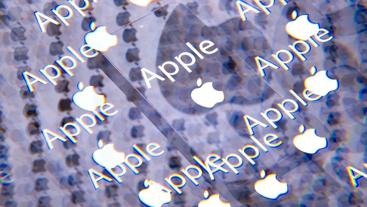 Apple logo looped many times over blue background