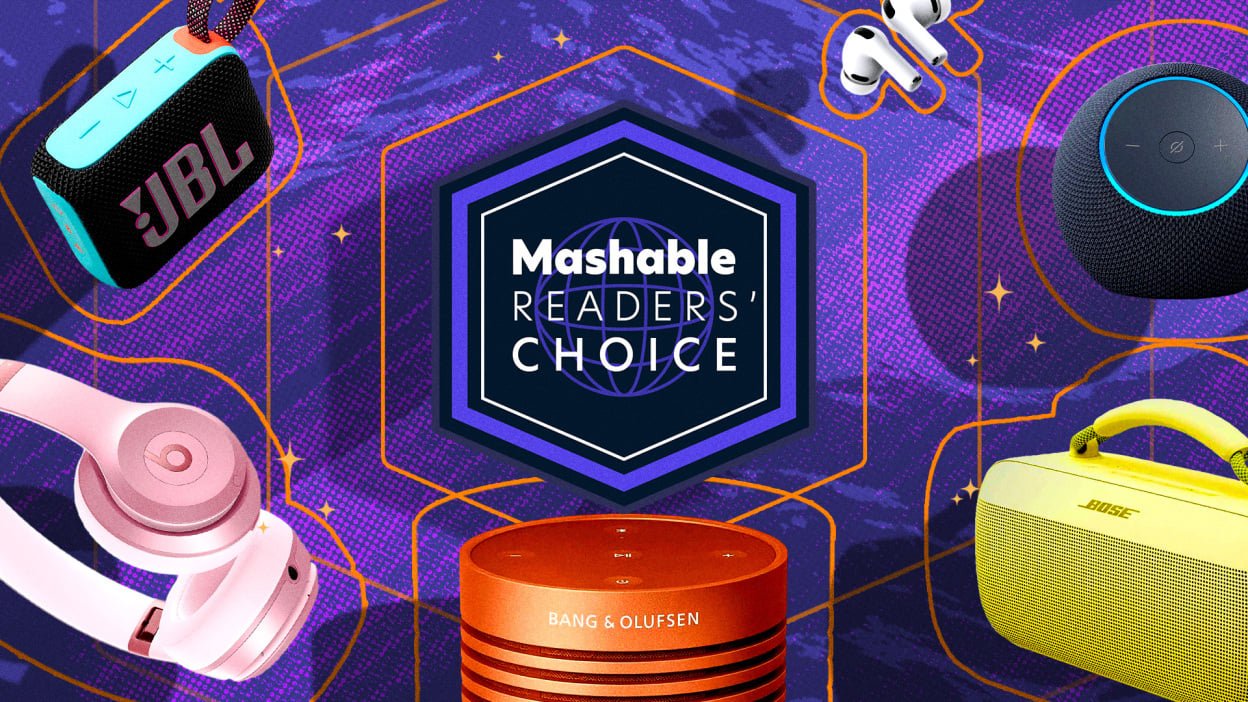 Mashable Readers Choice logo with headphones and speakers around it