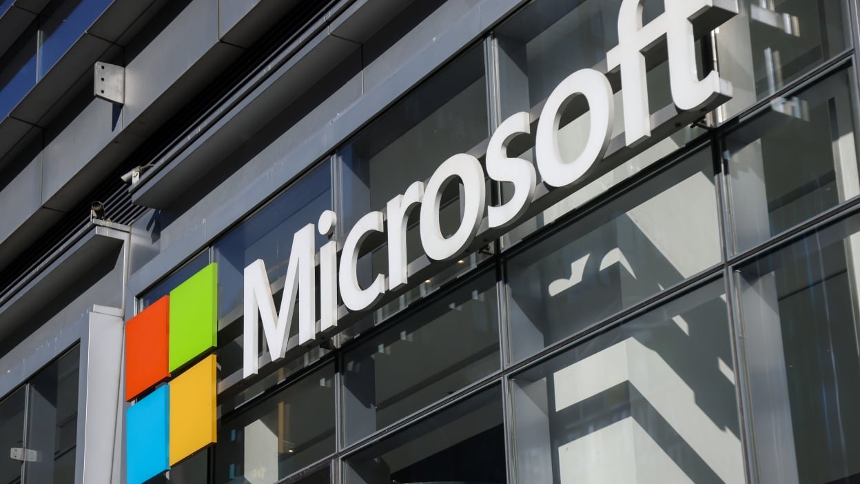 The Microsoft logo displayed on a building.